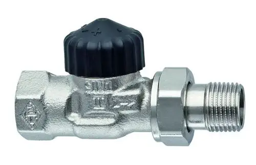 Thermostat-Ventilunterteil aus vernickeltem Metall mit schwarzem Einstellknopf, hergestellt von IMI Hydronic Engineering. Geeignet für den Durchgang.